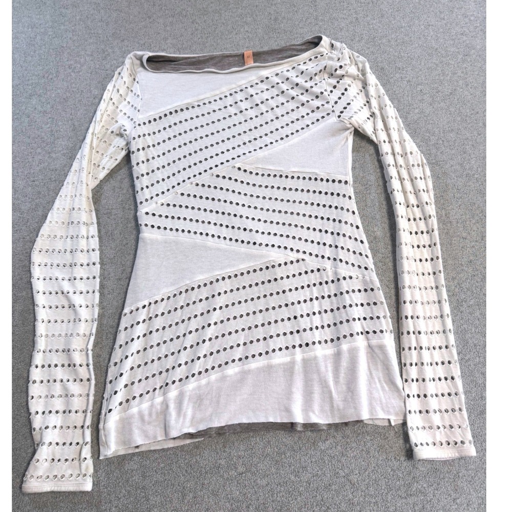 Bailey 44 Top M Gray Asymmetrical Perforated Long Sleeve Stretch Knit Top